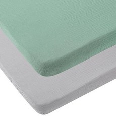 Onacosht 모슬린 미니 아기 침대 시트 99.1 x 68.6cm(39 x 27인치) 팩 앤 플레이 매트리스 시트 팩 앤 플레이에 적합 남아 여아용 부드러운 면 2팩, Pack n Play Sheets 39" x 27", 회색과 녹색