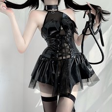 앤브리사 악마 할로윈 코스튬 서큐버스 가죽 원피스 스타킹 파티 드레스 의상