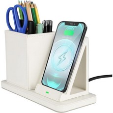 데스크 정리함이 있는 무선 충전기 iPhone 1414 Pro131211삼성 갤럭시 S23S22S21S20노트 20노트 10 가죽 충전 스탠드 흰색, White