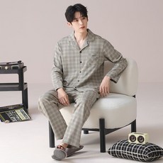 FvaBzon 남성 순면 체크 잠옷 세트 남자 파자마 면 홈웨어 빅사이즈 사계절 잠옷