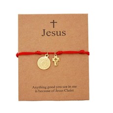 ECLATIS QRH 기독교 예수 십자가 레드 스트링 로프 디자인 팔찌 가톨릭 신 베네딕트 참 조절 가능한 종교 산 베니토 묵주 메시지 카드 포함 가능 합금강 보석 없음