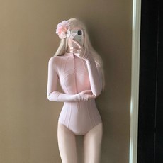 여성 래쉬가드 하이넥 프리다이빙 수트 웨이크 서핑복, 핑크