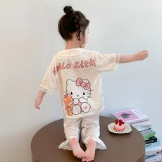 여름 헬로키티 여아 파자마 아이스 실크 잠옷 세트 실내복 포근한 홈웨어+준펑이커머스 머리끈