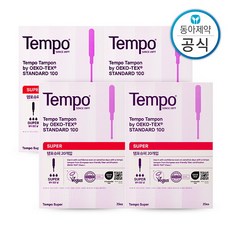 [템포] 슈퍼 사이즈 80P 양 많은날 순면 탐폰 체내형 생리대 수영장 휴가 오코텍스 인증, 20개입, 4개