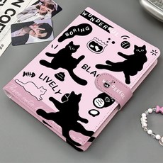 臺灣出貨-創意網球黑貓軟皮殼收納卡冊明星高顏值小卡pu皮質a5四宮格活頁本, RR2632可愛黑貓【相冊】,【無內頁】