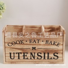 做舊風分格餐具收納盒 - 廚房刀叉勺子桌面實木整理盒, 印花棕色收納盒, 1個