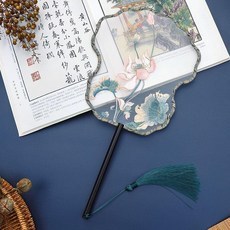新品 夏輝老師古風刺繡團扇古典復古國風宮扇舞蹈跳舞扇繡花古風團扇 副廠商品, 1個, 夏荷-白菜框