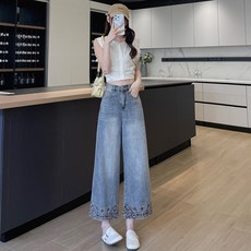 八分直筒褲重工刺繡春秋季牛仔褲復女新款闊腿褲百搭九分褲子花朵