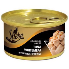 日本Sheba金罐系列貓罐頭，9種口味可選，含豐富魚凍湯汁，附贈攜水瓶，拿鐵貓花花推薦, 鮪魚及鮮蝦（湯汁）, 1個