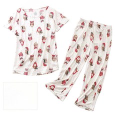 Meow Meow Lace 여성용 파자마 세트 면 파자마 세트 반소매 상의 카프리 팬츠 잠옷 투피스 라운지 세트 핑크 컵. XXXL 185621