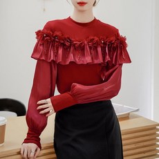 라인댄스복 상의 여성 줌바 플라워 비즈 쉬폰 블라우스 레이어드 긴팔