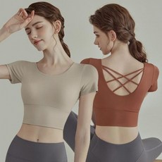 백트랩 스포츠 반팔 커버업 크롭탑 (패드 내장) 요가복 헬스복 운동복 상의 스판 체형, 1개, 백스트랩 반팔 크롭탑 네이비 L