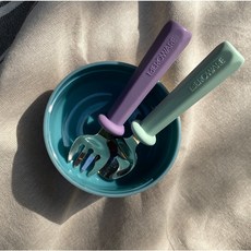 【MEROWARE】 NANA 好好拿不銹鋼學習餐具組 3色可選 兒童湯匙 兒童叉子 餐具收納袋【La nube親子選物】, 薄荷綠+丁香紫, 1個, 兒童湯匙、兒童叉子、餐具收納袋