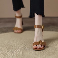 힐 여름 스퀘어 청키굽 여성 미들힐 샌들 스트랩 발목 벨트