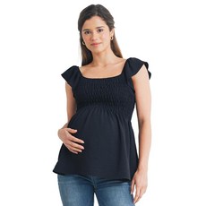 [ 1204915 ] 여성용 스퀘어 넥 스모크 블라우스 러플 캡 슬리브 임산부 상의 블랙 L