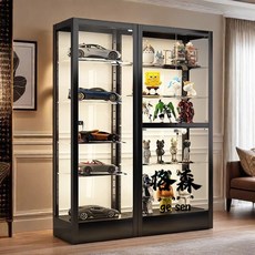 格森 手辦櫃玻璃展示櫃透明玻璃櫃家用夾縫防塵儲物架子玩具陳列櫃酒櫃, 黑色 【 展櫃-加厚款】,對開門【201*80*40】五層