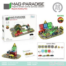 多彩拼圖 彩窗磁力工程車拼圖玩具，兒童益智玩具，磁鐵拼圖，城市交通系列，球道探險家，創造者，魔術師，摩天輪，磁力拓荒者, 1個, 032賽車場景磁力片【32pcs】