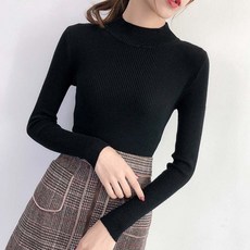 슬림핏 겨울 반폴라 이너티 하프넥 반목 긴팔 니트티, 옐로우