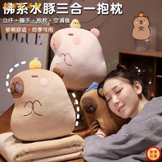 卡皮巴拉卡通抱枕兩用毯子 可插手辦公室靠墊抱枕被 水晶短毛絨二合一午睡神器 佛系水豚三合一抱枕, 追蜜熊萌寵,抱枕+毯子100*80cm