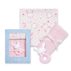 Chic'a' Bon粉色小兔嬰兒禮盒，包含毯子、玩偶，新生兒送禮首選, 粉色