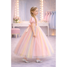 파스텔 레인보우 스팽글 퍼프 소매 공주 생일 파티 드레스