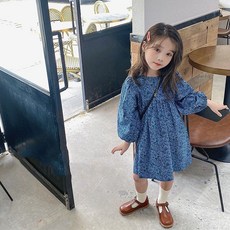 女童藍色碎花洋裝 2022秋季新款韓版泡泡袖長袖兒童公主裙（90-140）