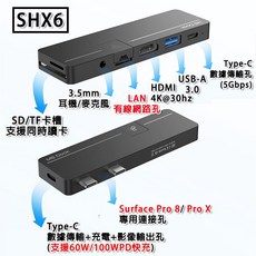Surface USB擴充埠 擴充槽 微軟 pro 8 9 X Pro8 Pro9 網路孔 擴充埠 轉接埠 HUB, 1個, SHX6 (Pro8/9/X)_有網路孔, 黑色