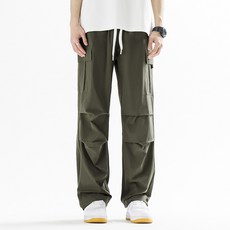 新款高品質男士冰絲工裝褲 夏季直筒闊腿休閒褲 戶外抽繩沖鋒褲