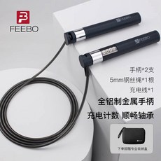 FEEBO跳繩 中考體測軸承可調成人減肥燃脂室內無繩鋼絲繩, 1個, 計數充電長繩3米*5mm-冰墨藍【贈7