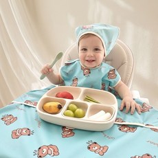 아이레빗 국내생산 오픈형 유아용 아기 식탁일체형 자기주도 이유식 방수 턱받이 나시, 오픈형나시_곰돌이 민트, 1개, 1개입