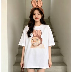 남녀공용 토끼귀 모자 고양이 프린트 200G 면 반팔티셔츠 라운드넥 오버핏 빅사이즈 루즈핏 썸머 통기성 베이직 무지반팔티