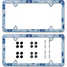 빈티지 히비스커스 아름다운 파란색 흰색 꽃무늬 번호판 프레임 하와이 스테인리스 스틸 자동차 액세서리 장식 4개 구멍 나사 12.3인치 x 6.3인치 모든 차량 표준 크기 적합, 【2Pcs】Vintage Hibiscus Blue Wh, 2 Pack