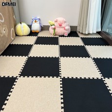 DFMEI 亞麻拼接地毯兒童爬行地墊榻榻米耐髒易打理臥室整鋪泡沫地板墊子, 亞麻杏色*黑色【送邊條】
