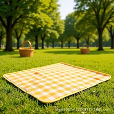 三層加厚防水野餐墊 戶外露營帳篷地墊 春遊草坪坐墊, 黃白格,150*100