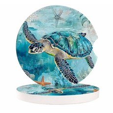 청록색 바다 거북 컵 홀더 자동차 컵받침 여성/남성용 - 2팩 흡수성 세라믹 스톤 음료 자동차 컵 홀더 컵받침 세트 빈티지 오션, 틸 브라운