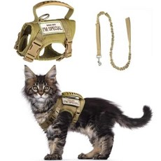 전술 고양이 하네스 및 목줄 세트 - 탈출 방지 조절 가능한 산책용 소형견 조끼 하네스 패치 부드러운 메시 패딩 및 쉬운 제어를 위한 고무 손잡이 (카키), 카키
