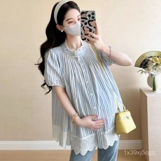 孕婦裝夏裝套裝：條紋蕾絲短袖上衣，寬鬆遮肚娃娃衫，舒適孕期穿搭