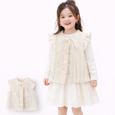 여아 니트 뽀글이 베스트 레이스 리본 조끼 아동 겨울조끼