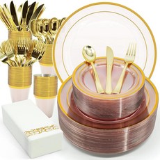 AIRE 175피스 핑크 골드 플라스틱 접시 파티 식기 세트용 25명의 손님용 일회용 플라스틱 파티 용품 접시 컵 스푼 포크 나이프 웨딩 생일 BBQ 크리스마스 파