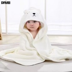 DFMEI 嬰童浴巾新生柔軟珊瑚絨春秋寶寶包被洗澡裹兒童帶帽斗篷吸水抱單, 1個, 白色眯眼熊(160克):80*80