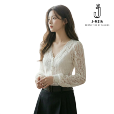 여성 브이넥 경량 레이스 블라우스 봄가을 긴팔