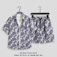男夏季短袖碎花襯衫短褲套裝 夏威夷風沙灘服