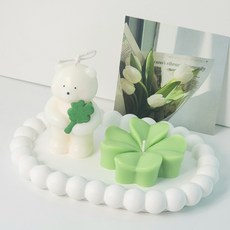 [무료선물포장] 행운곰 네잎클로버 석고 트레이 세트 캔들 행운 부적 응원 성공, 브라운, 연두, 클린코튼