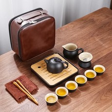 便攜茶具旅行小茶具套裝功夫茶杯家用現代簡約辦公室泡茶壺便攜式戶外茶盤, 1個, 井欄壺14件套--棕皮包