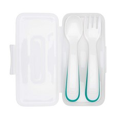OXO 兒童湯匙叉子組 附收納盒, White with teal accents, 1set, Baby Spoon, Baby Fork