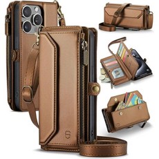 iPhone 15 Pro Max RFID 차단 10 카드 홀더 소프트 PU 가죽 마그네틱 스냅 숄더 스트랩 지퍼 포켓 휴대폰 케이스 6.7\" - 로즈 골드, iPhone 15 Pro Max - 6.7", Brown, 1개