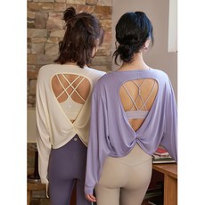 QUEEN YOGA瑜伽服優雅露背綁帶運動長袖罩衫（無胸墊款）