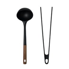 트루쿡 북미산 월넛 실리콘 조리도구 2종 세트, 1세트, 블랙, 국자 + 집게