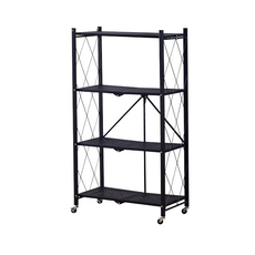 可折疊多層置物架，附萬向輪，免安裝多層收納架，簡約時尚置物架, 免安裝層架四層黑, 1個