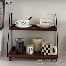 Z3JC 木質置物架多功能雙層杯架廚房調料罐收納架鐵木結合置物架, 1個, 圖片色:如圖